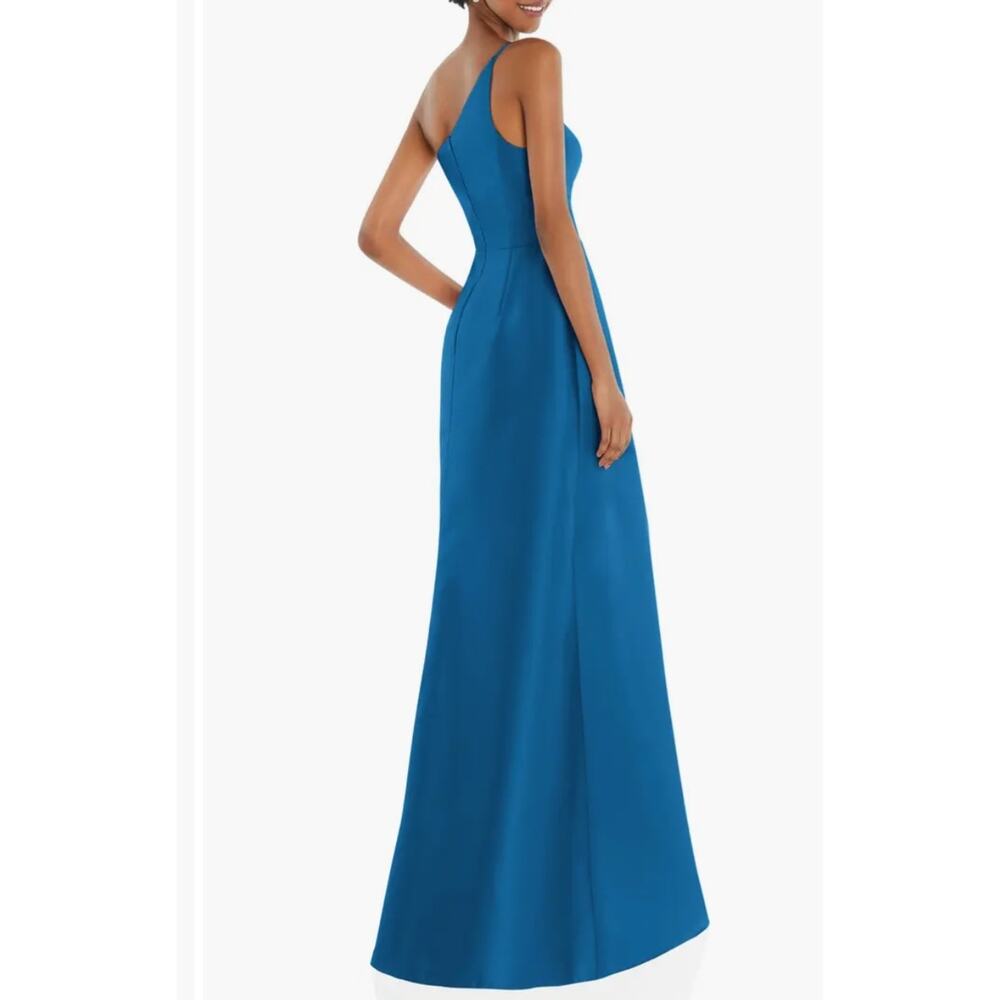 Alfred Sung One Shoulder High Low Satin Gown Classic Blue NWT Size 14 D831 Gown - Picture 2 of 13